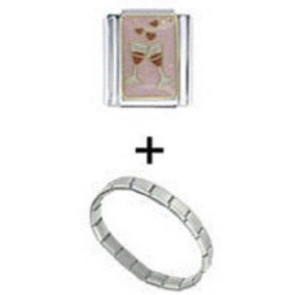 Bracelet Italian Charm Love hearts and Red Wine Glass - Picture 1 of 8